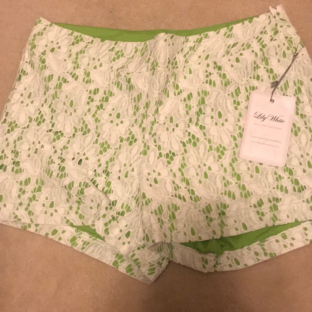 White and lime green lace shorts